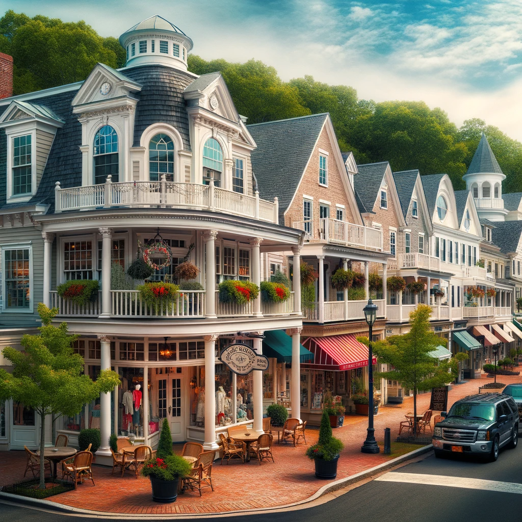 A traditional town center showcasing colonial-style architecture and vibrant local businesses Port Jefferson NY permits